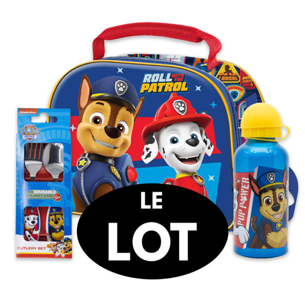 Ensemble PAT PATROUILLE : Sac goûter 3D + Set Couverts enfant métal + Gourde enfant aluminium 400ml